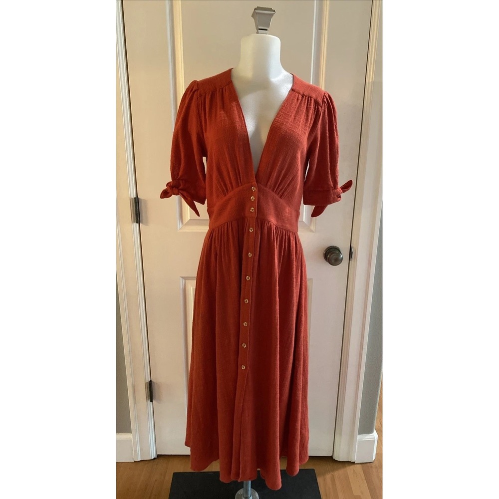 Free People Women's Rust  V-Neck Button Up Midi Dress Boho Cottage Size Small